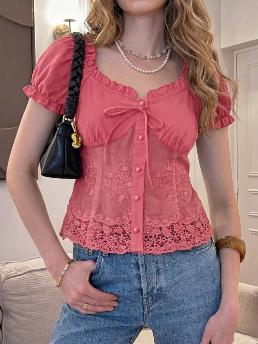 Pink Casual Women's Convertible Ruffle Tie-Up Lace Off-Shoulder Cropped Top